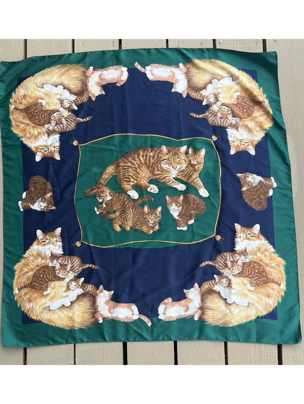 Vintage Green Blue CATS & KITTENS 34" Square Polyester Scarf